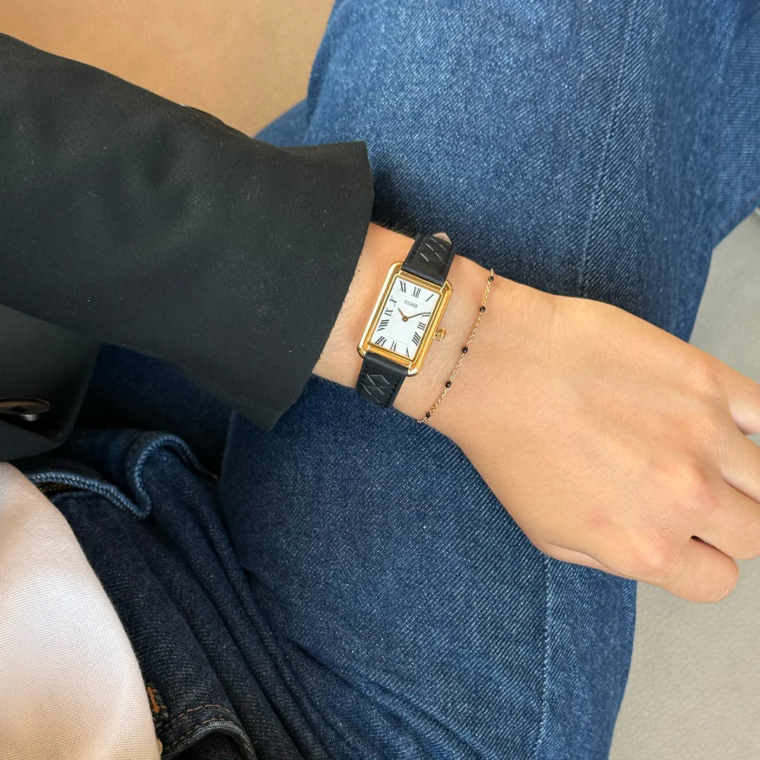 Cluse Belisenna Watch Leather, Black Quilted, Gold Colour CW15005