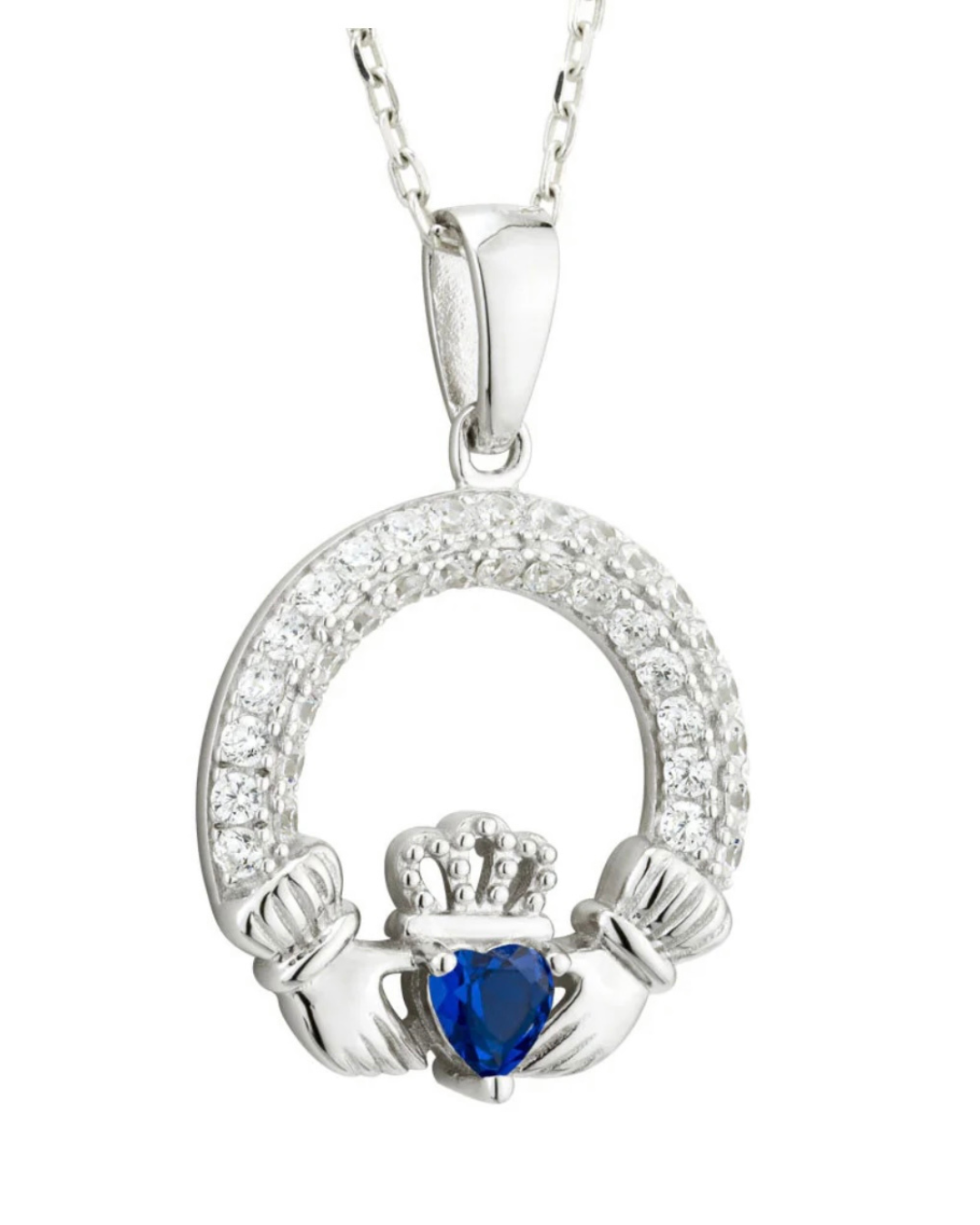 September Birthstone Sapphire Sterling Silver Claddagh Necklace