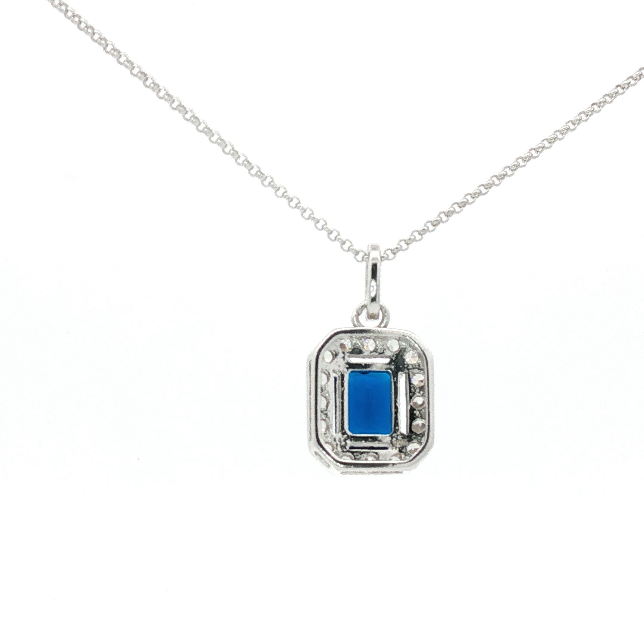 Sterling Silver Chain Necklace with Emerald Cut Deep Blue Sapphire Pendant