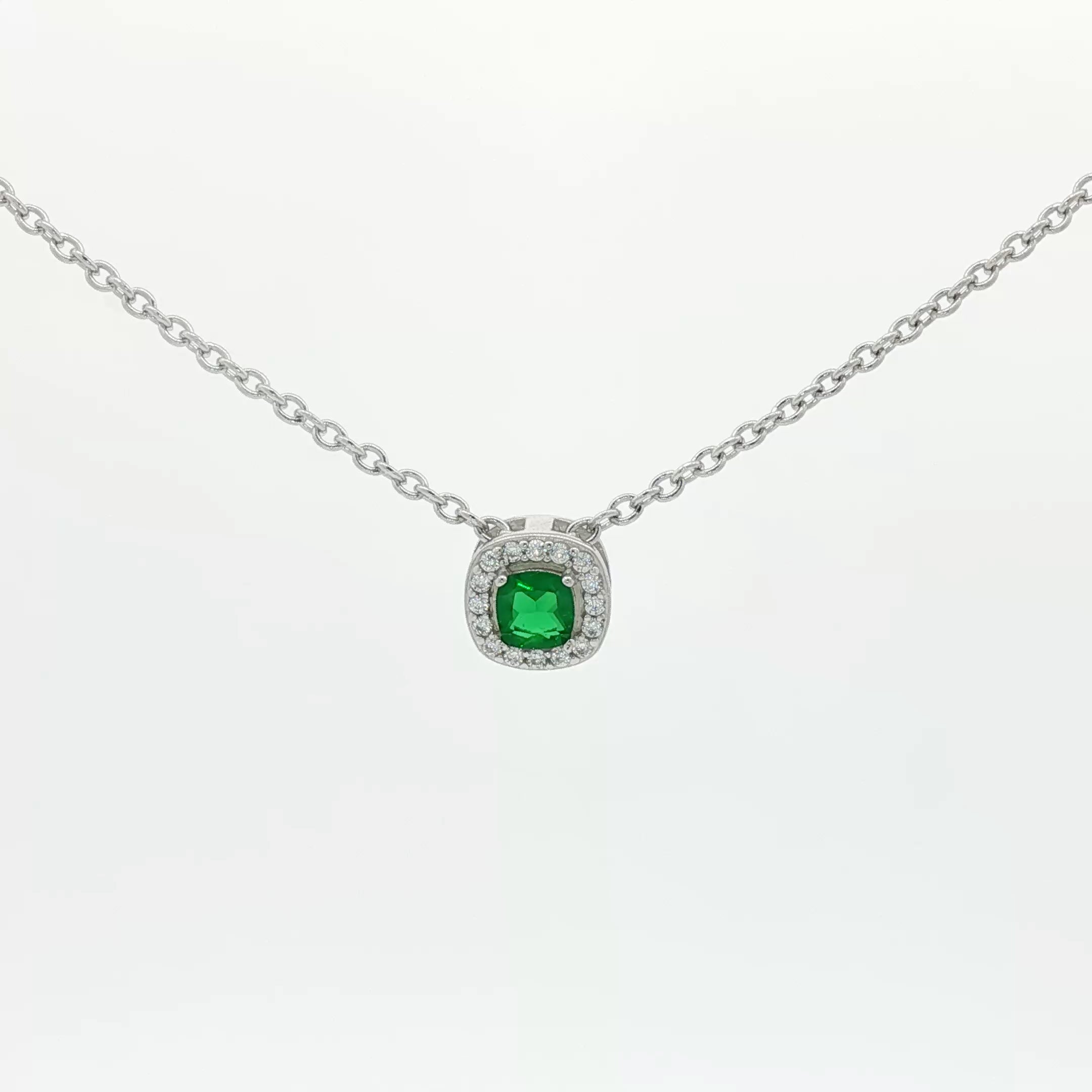Sterling Silver Cushion Cut Emerald Cubic Zirconia Necklace