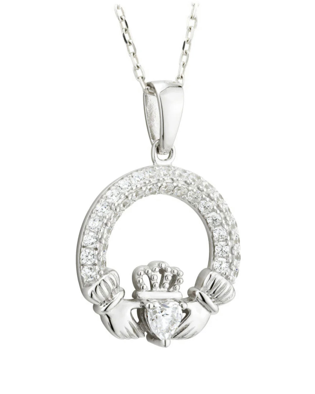 April Birthstone White Crystal Sterling Silver Claddagh Necklace