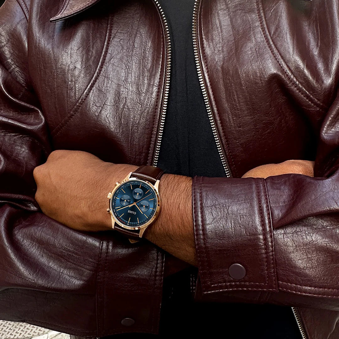 Cluse Gents Anthéor Multifunction Watch Leather Blue, Rose Gold Colour CW21009