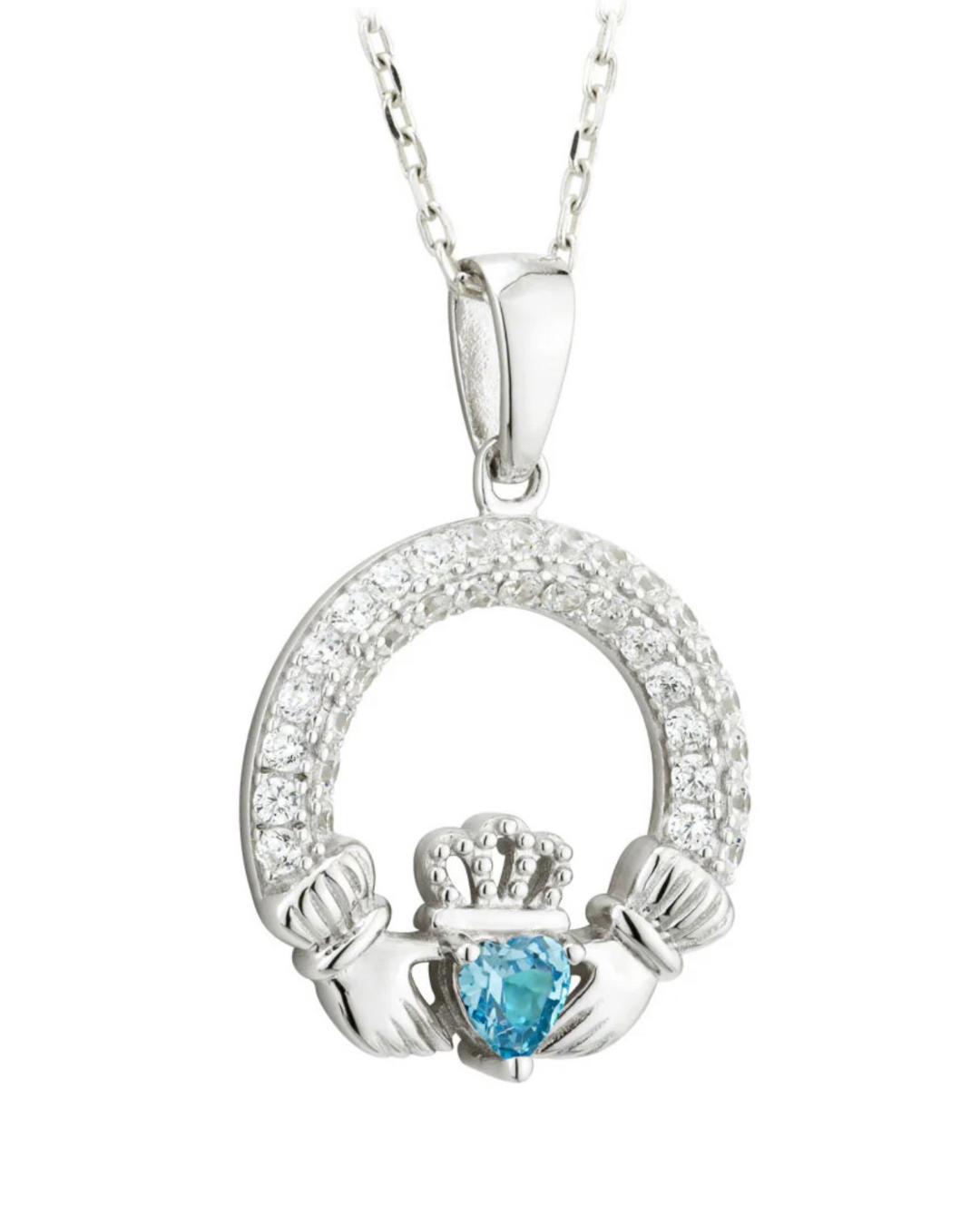 March Birthstone Aquamarine Sterling Silver Claddagh Necklace