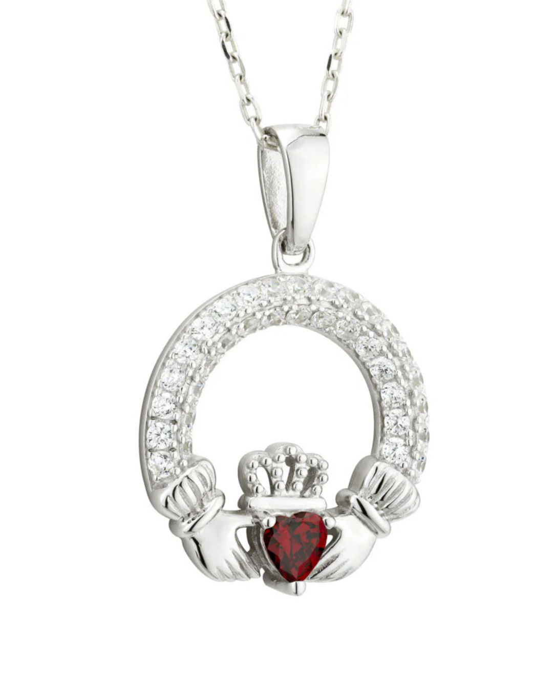 January Birthstone Garnet Sterling Silver Claddagh Necklace