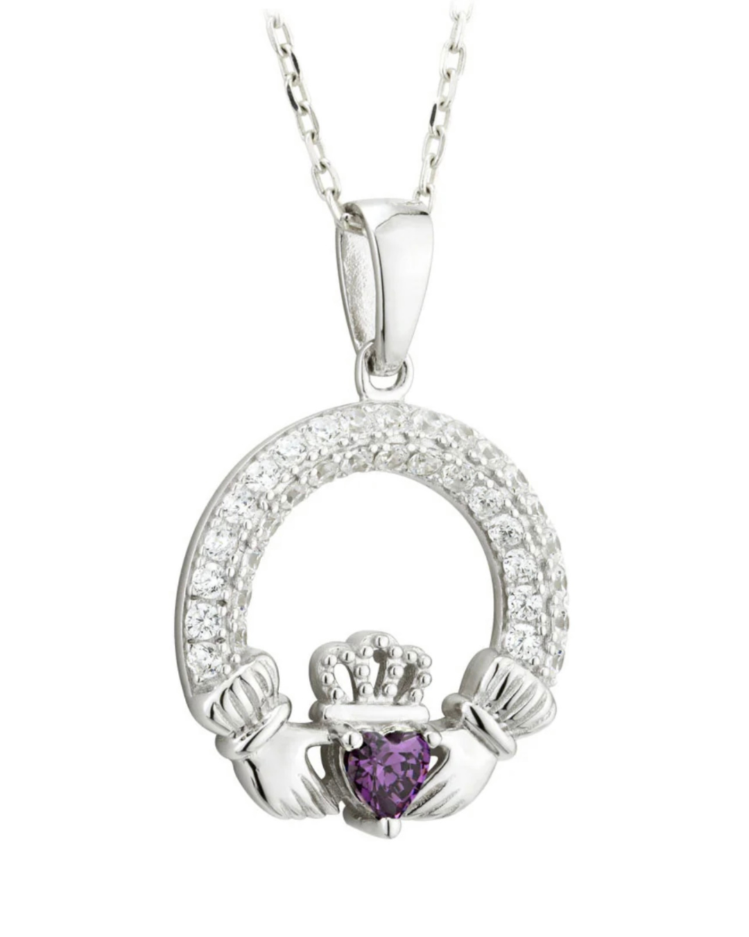 February Birthstone Amethyst Sterling Silver Claddagh Necklace