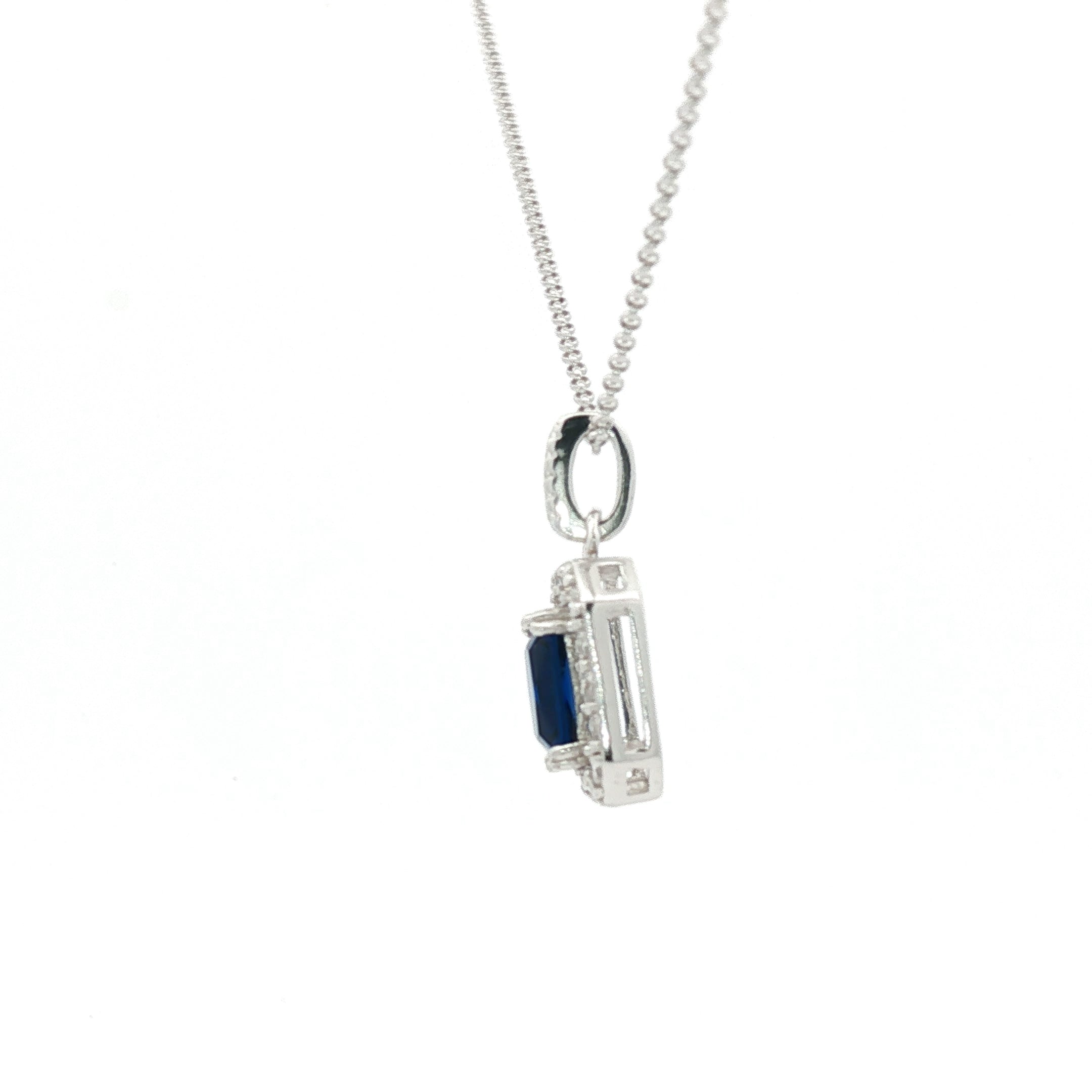 Sterling Silver Chain Necklace with Emerald Cut Deep Blue Sapphire Pendant