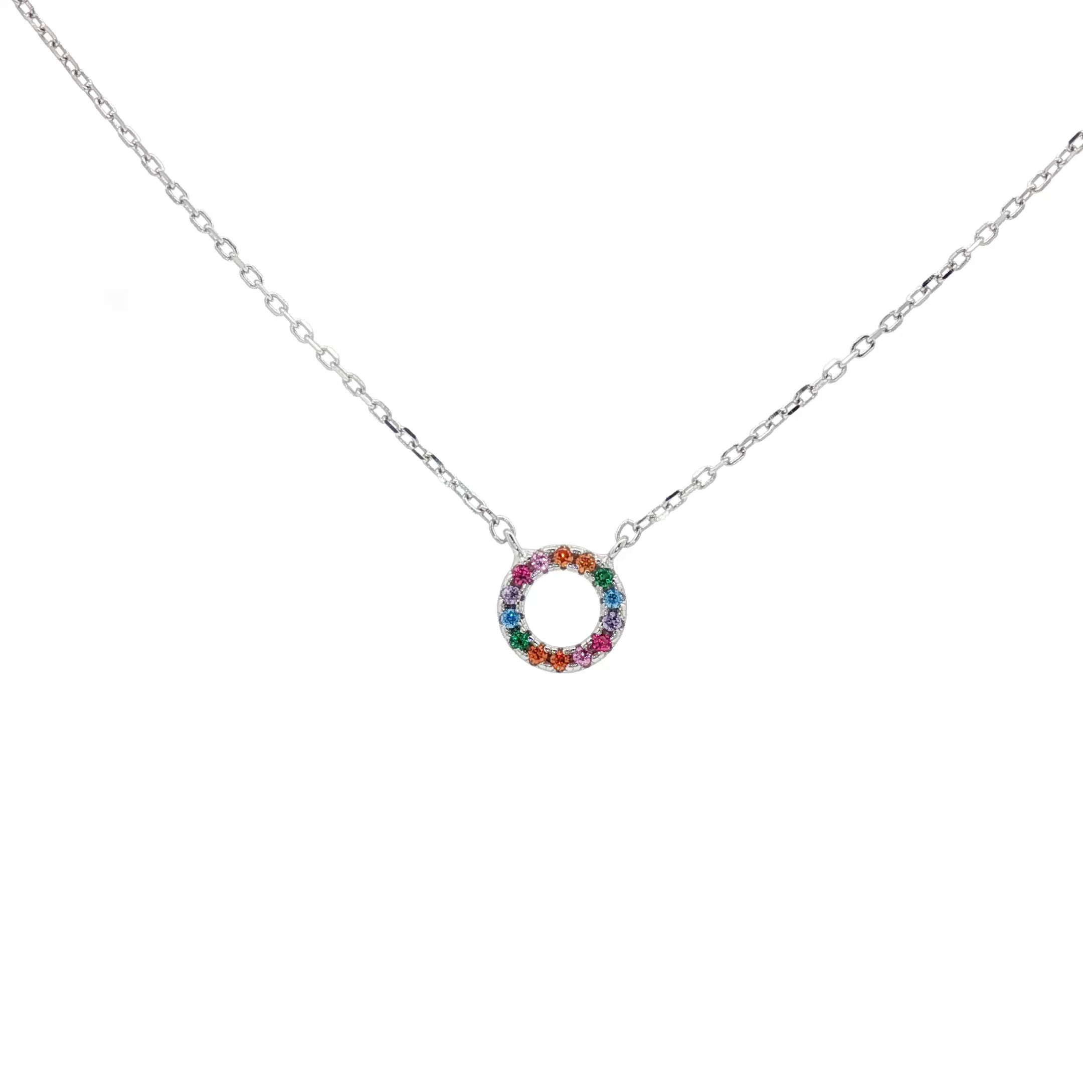Sterling Silver Chain Necklace with Multi Gemstone Circle Pendant