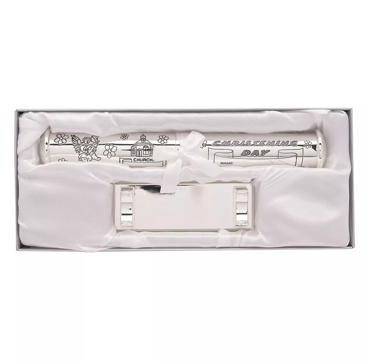 SILVER PLATED "CHRISTENING DAY" CERTIFICATE HOLDER AND STAND