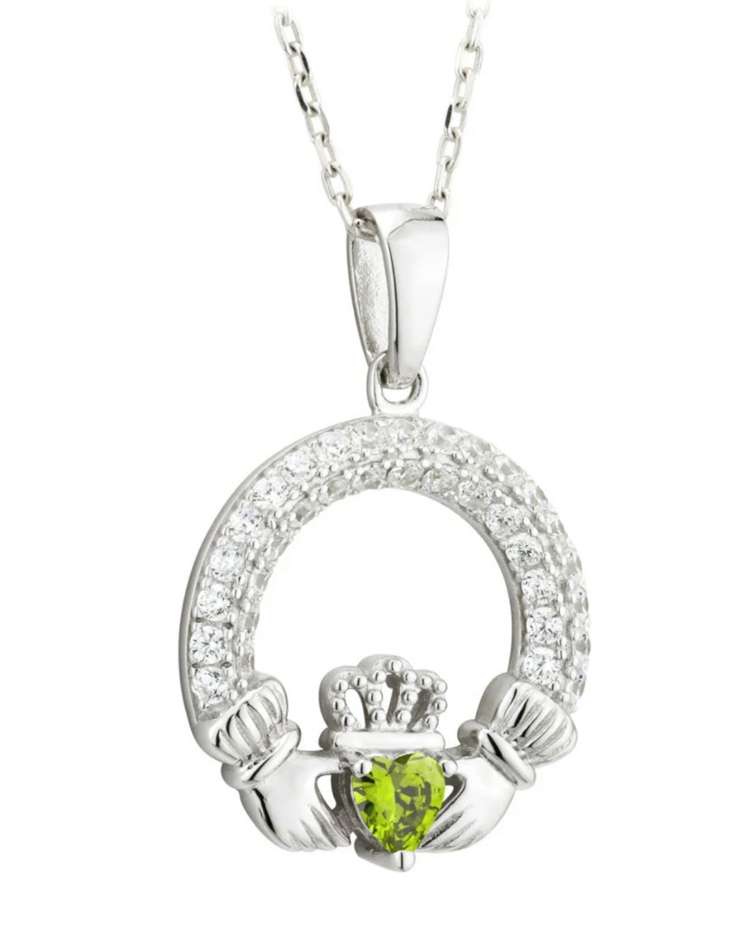 August Birthstone Peridot Sterling Silver Claddagh Necklace