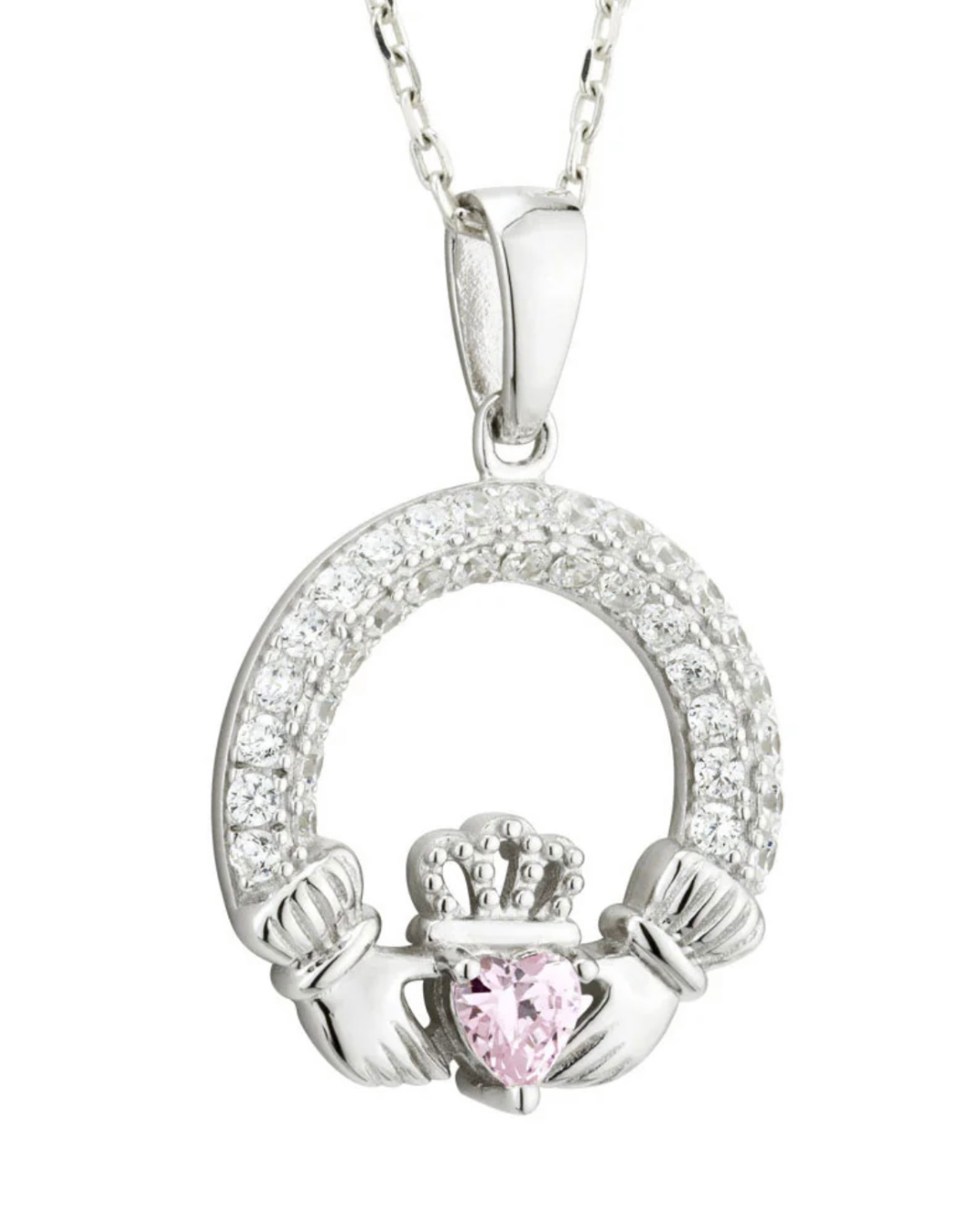 October Birthstone Rose Sterling Silver Claddagh Necklace