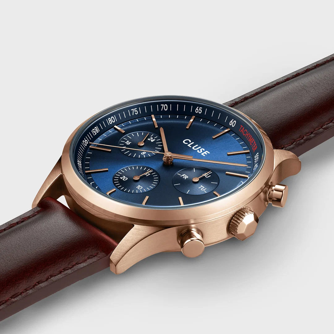 Cluse Gents Anthéor Multifunction Watch Leather Blue, Rose Gold Colour CW21009