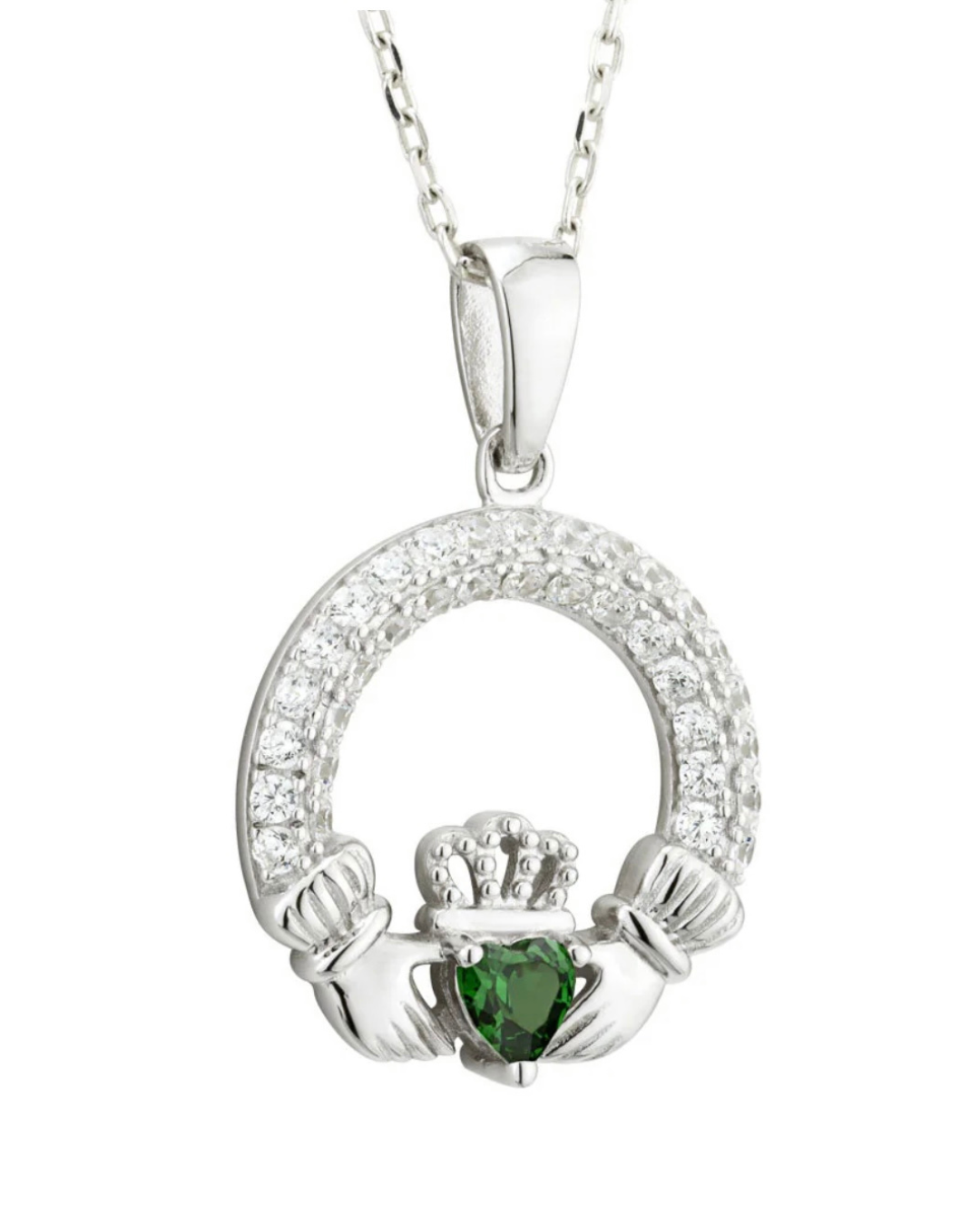 May Birthstone Emerald Sterling Silver Claddagh Necklace