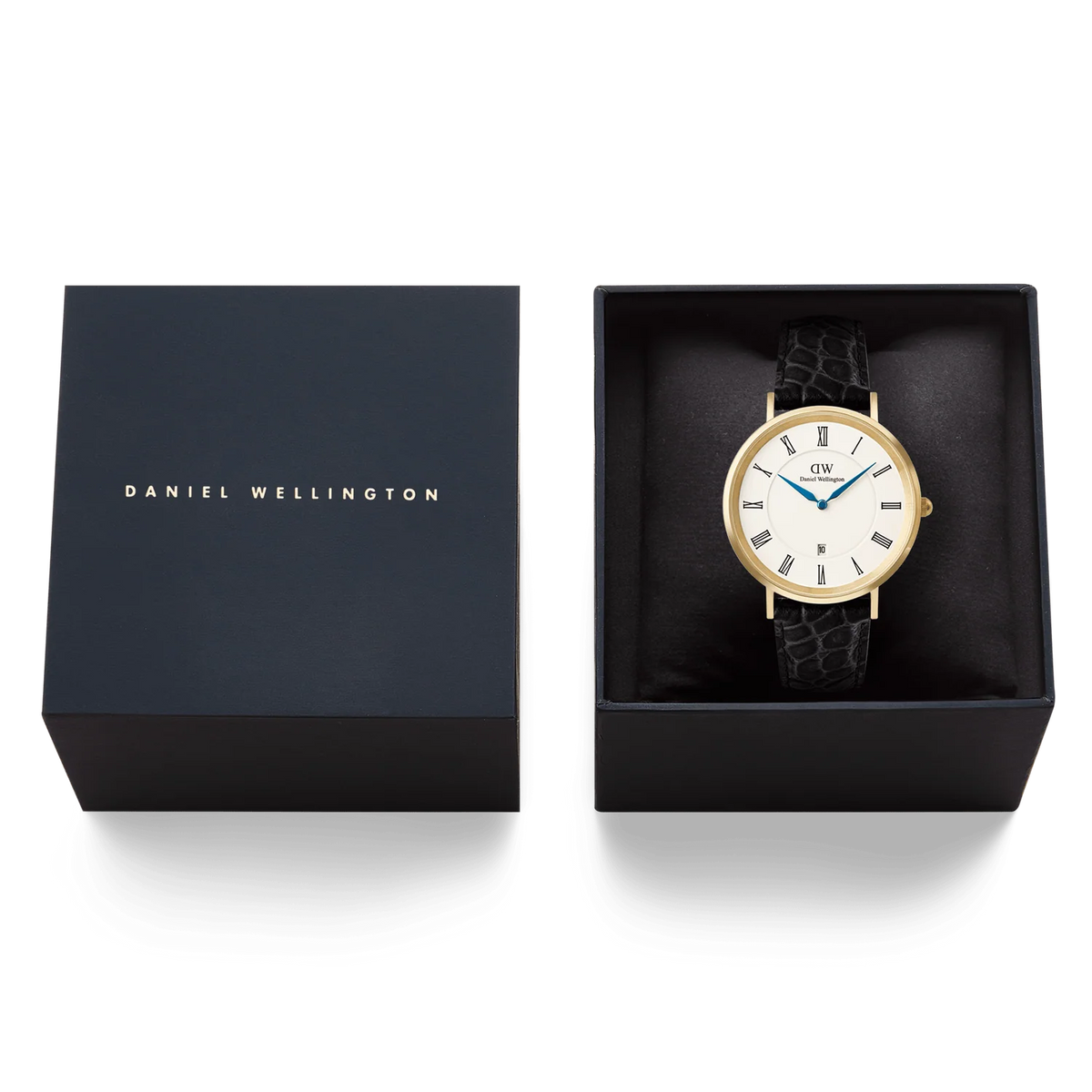 Daniel Wellington Gents Classic Roman Numerals Date Black Croc Belly Gold DW00100915