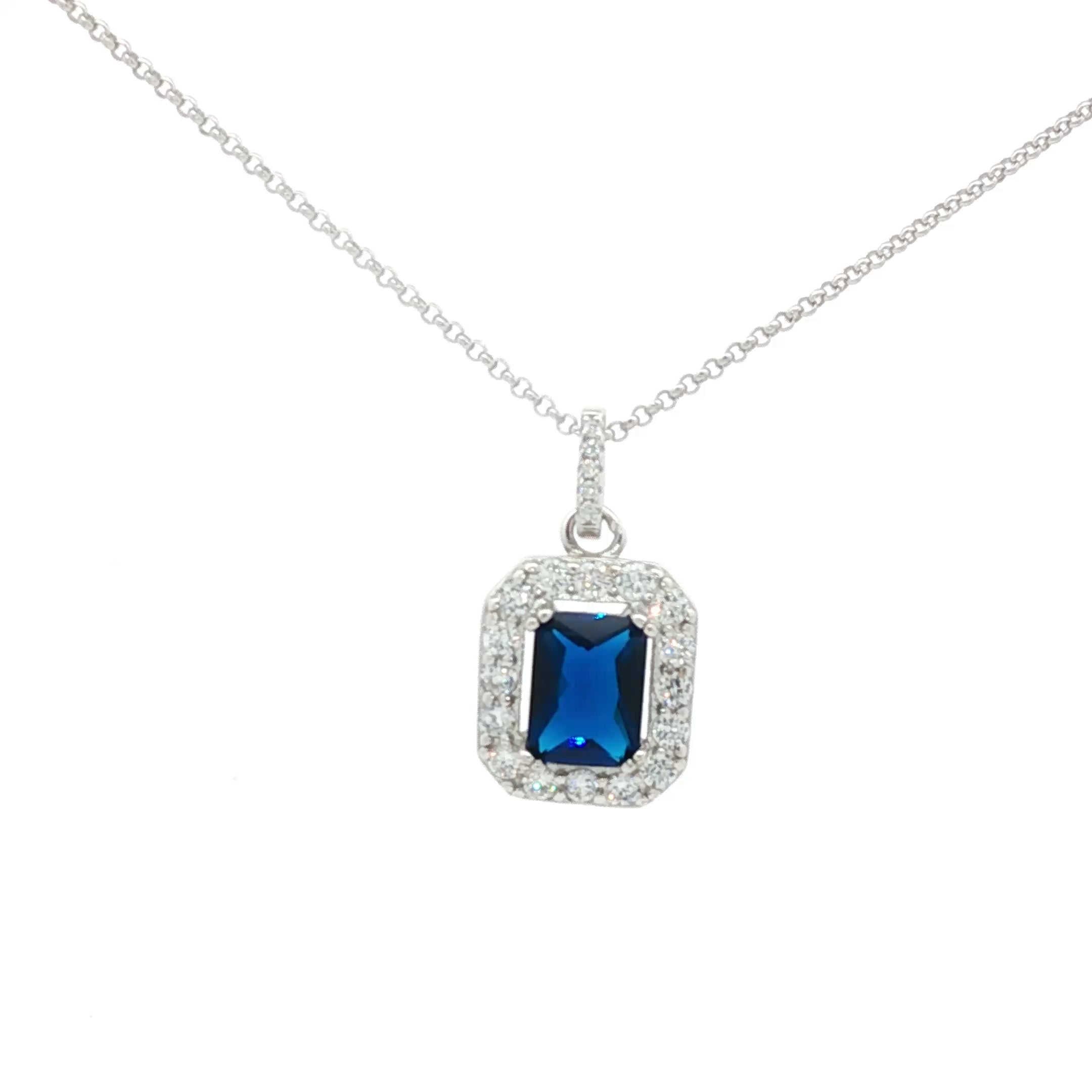 Sterling Silver Chain Necklace with Emerald Cut Deep Blue Sapphire Pendant