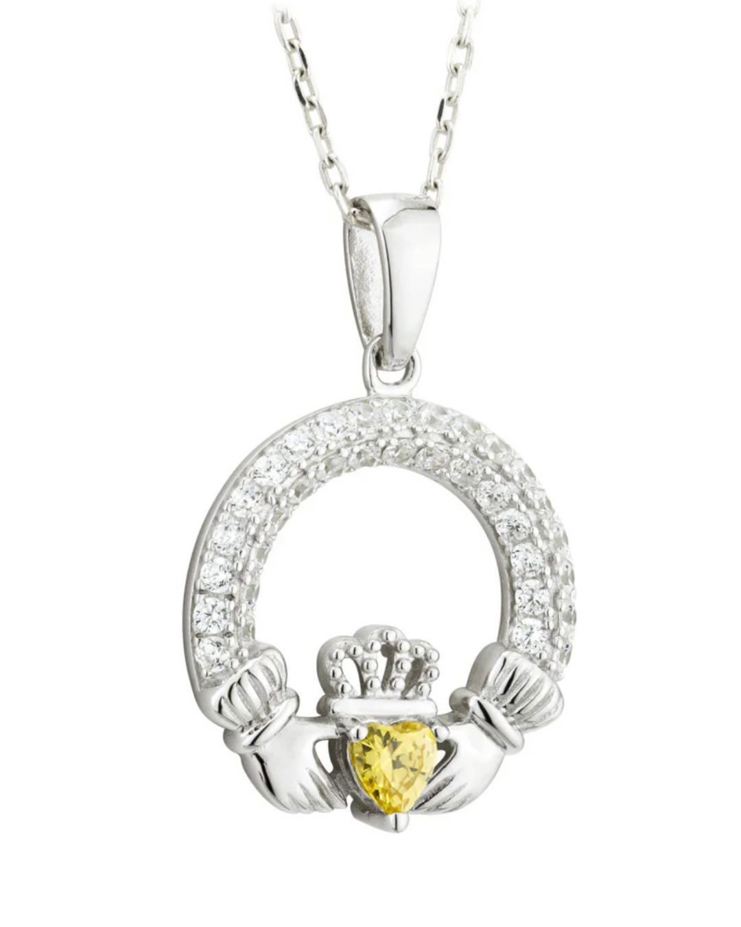 November Birthstone Yellow Topaz Sterling Silver Claddagh Necklace