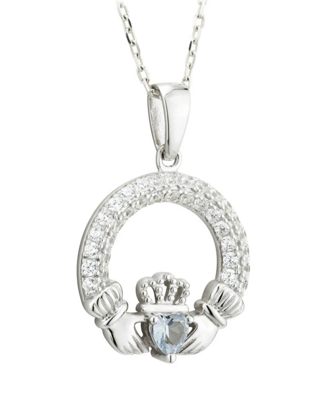 December Birthstone Blue Zircon Sterling Silver Claddagh Necklace