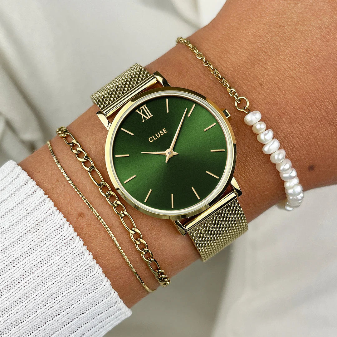 Cluse Minuit Watch Mesh, Green, Gold Colour CW10206