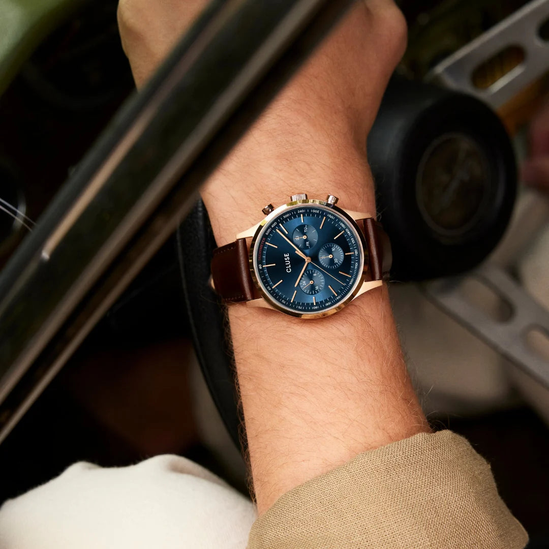 Cluse Gents Anthéor Multifunction Watch Leather Blue, Rose Gold Colour CW21009
