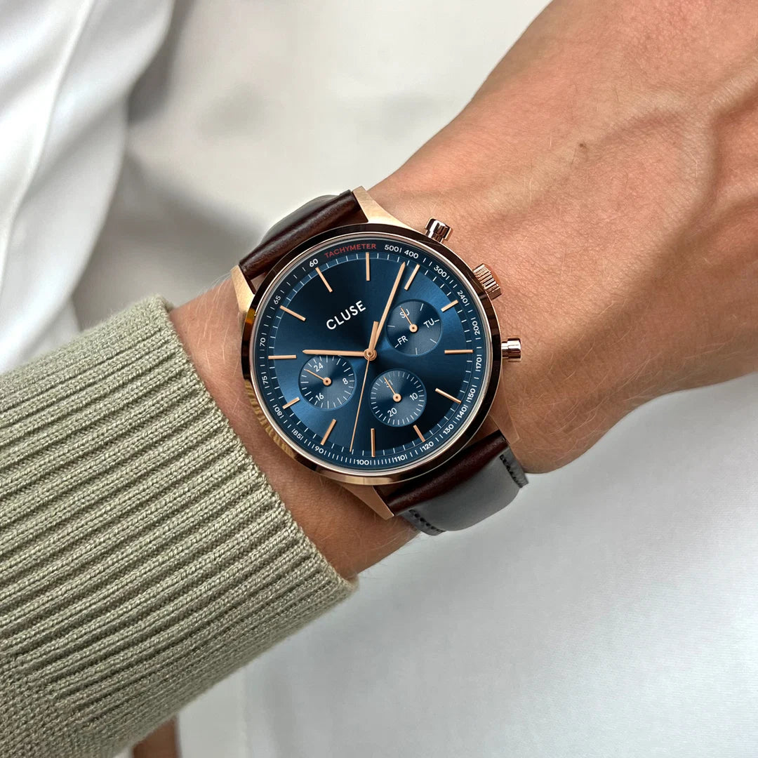 Cluse Gents Anthéor Multifunction Watch Leather Blue, Rose Gold Colour CW21009