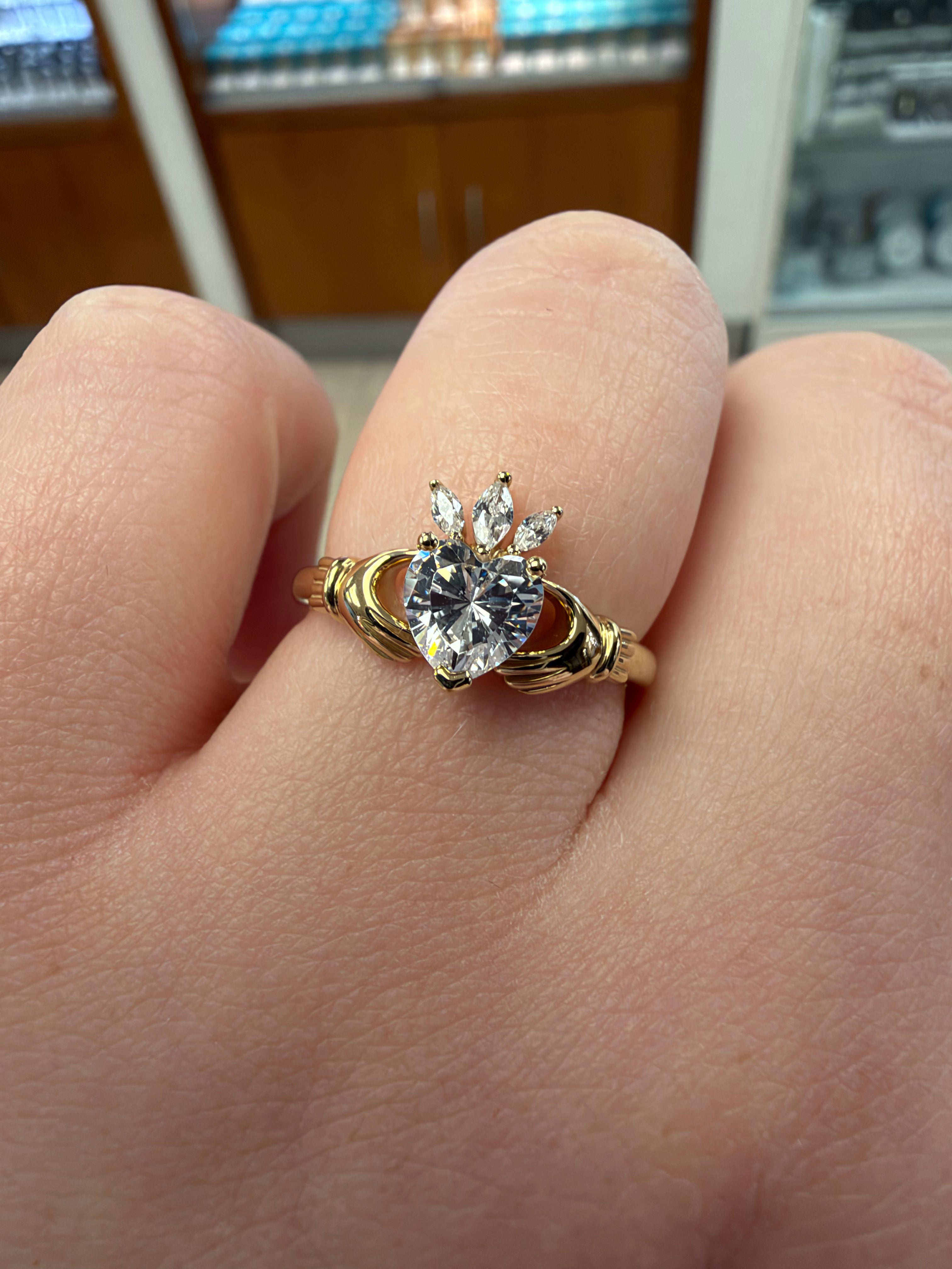 Ladies 9ct Gold Claddagh Ring with Cubic Zirconia