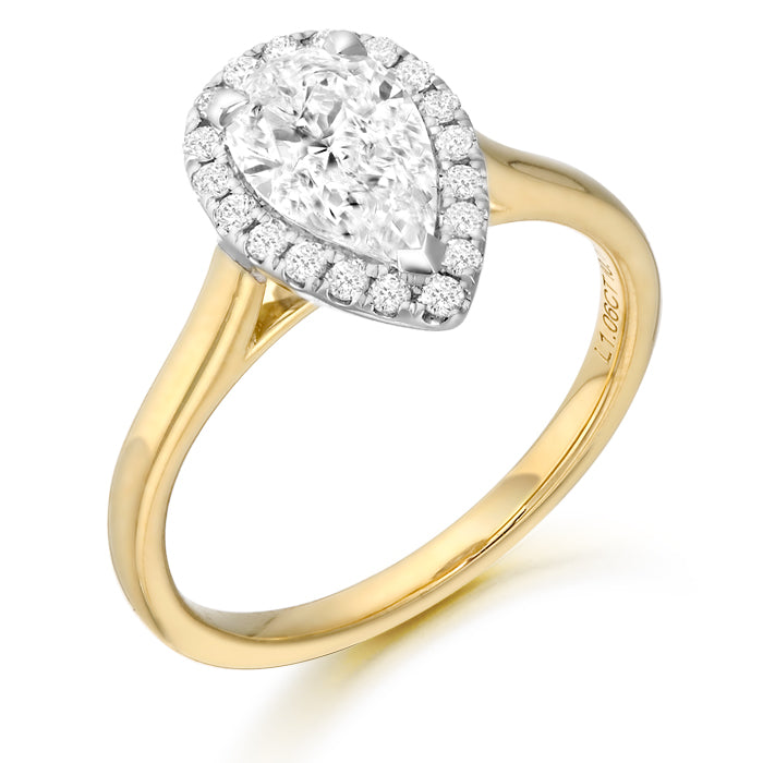 18ct Yellow Gold 1.05ct Pear Shape Laboratory Grown Diamond Engagement Ring with Micro Pave stone setting Halo
