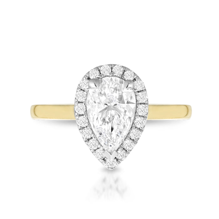 18ct Yellow Gold 1.05ct Pear Shape Laboratory Grown Diamond Engagement Ring with Micro Pave stone setting Halo