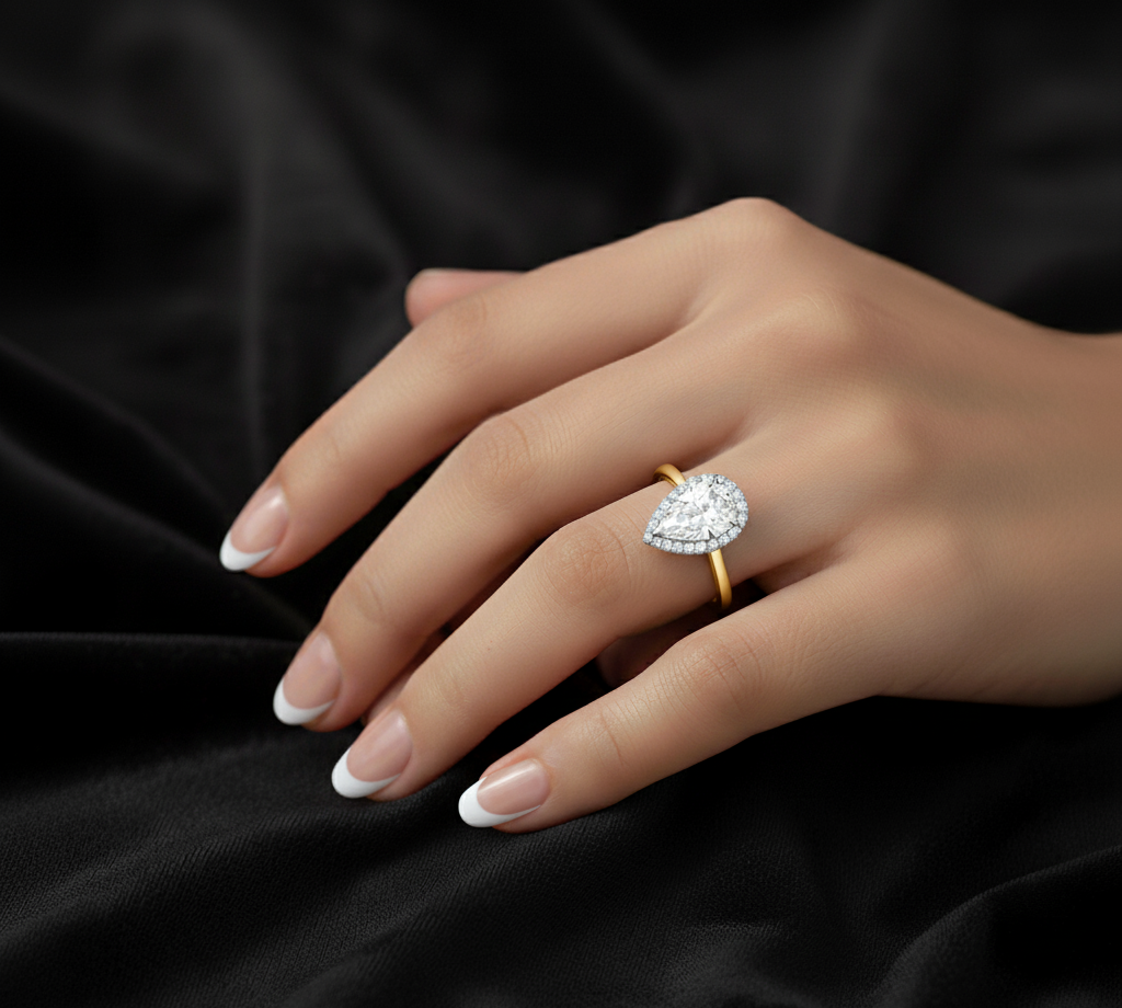18ct Yellow Gold 1.05ct Pear Shape Laboratory Grown Diamond Engagement Ring with Micro Pave stone setting Halo