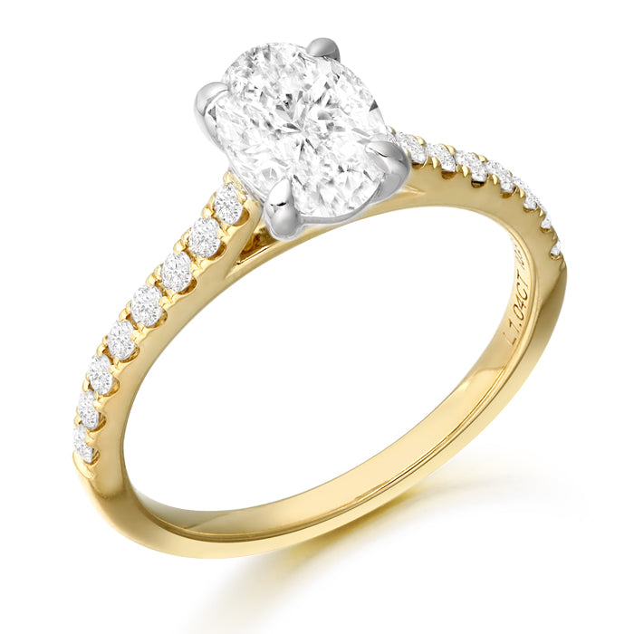 18ct Yellow Gold 1.27ct Oval Shape Laboratory Grown Diamond Engagement Ring with Micro Pave Diamonds on Shoulder