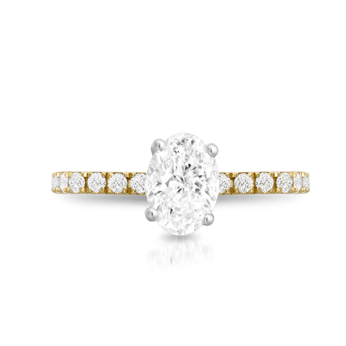18ct Yellow Gold 1.27ct Oval Shape Laboratory Grown Diamond Engagement Ring with Micro Pave Diamonds on Shoulder