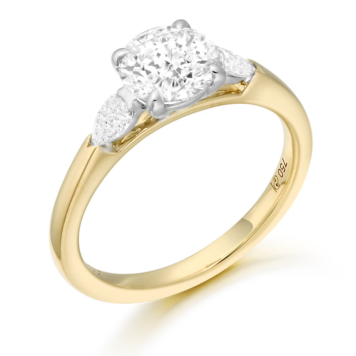 18ct Yellow Gold 1.29ct 3 Stone Laboratory Grown Diamond Engagement Ring with 2 Pear Shape Diamonds on each side of the centre stone