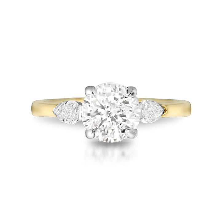 18ct Yellow Gold 1.29ct 3 Stone Laboratory Grown Diamond Engagement Ring with 2 Pear Shape Diamonds on each side of the centre stone