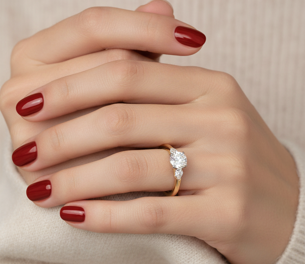 18ct Yellow Gold 1.29ct 3 Stone Laboratory Grown Diamond Engagement Ring with 2 Pear Shape Diamonds on each side of the centre stone