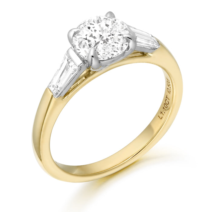 18ct Yellow Gold 1.60ct 3 Stone Laboratory Grown Diamond Engagement Ring with 2 Baguette Shape Diamonds on each side of the centre stone.