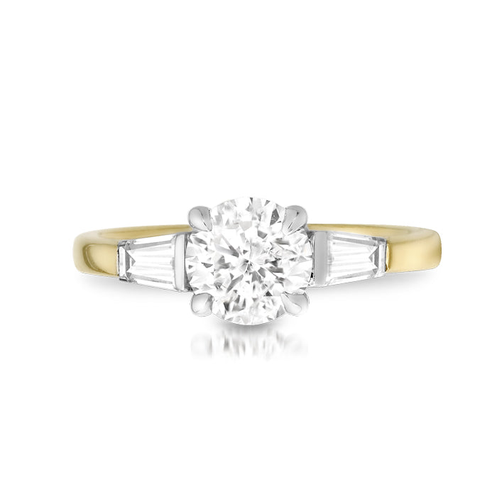 18ct Yellow Gold 1.60ct 3 Stone Laboratory Grown Diamond Engagement Ring with 2 Baguette Shape Diamonds on each side of the centre stone.