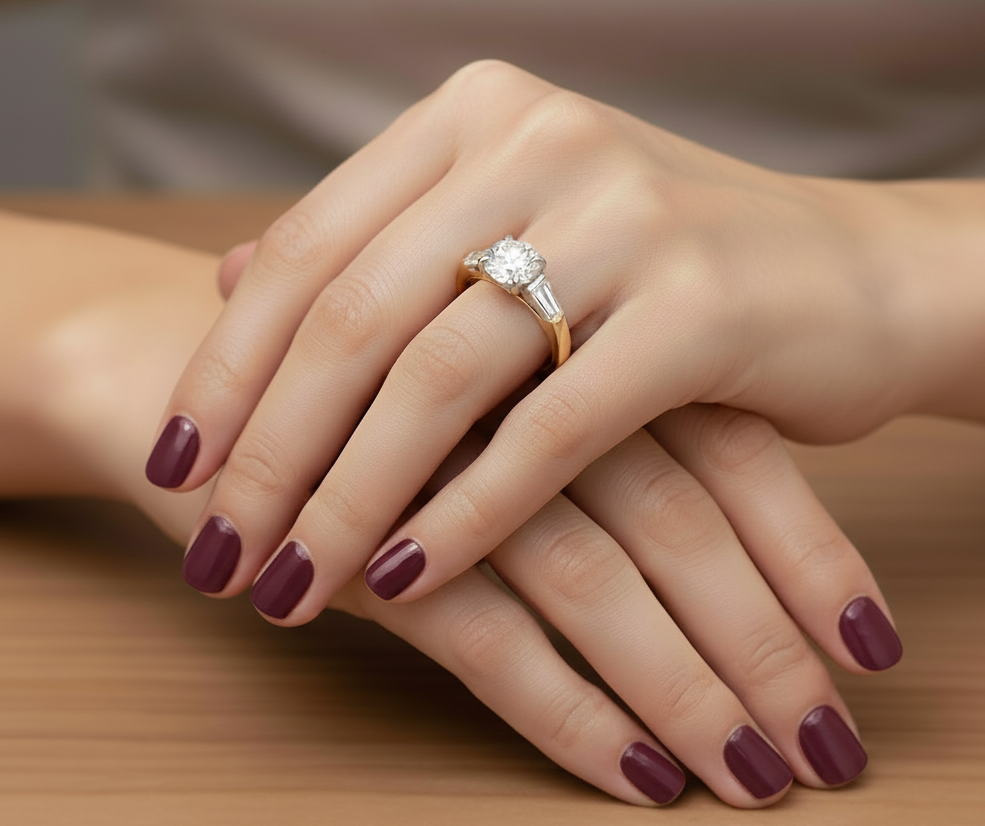 18ct Yellow Gold 1.60ct 3 Stone Laboratory Grown Diamond Engagement Ring with 2 Baguette Shape Diamonds on each side of the centre stone.