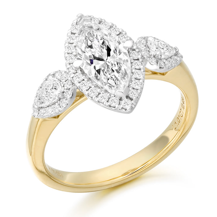 18ct Yellow Gold Three Stone Laboratory Grown Diamond Engagement Ring set with Halo and beautiful detailing all around
