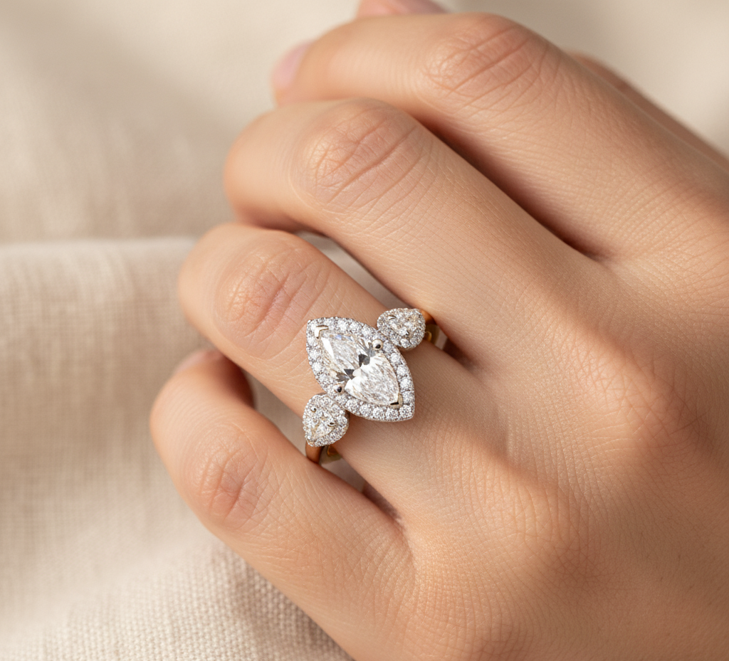 18ct Yellow Gold Three Stone Laboratory Grown Diamond Engagement Ring set with Halo and beautiful detailing all around