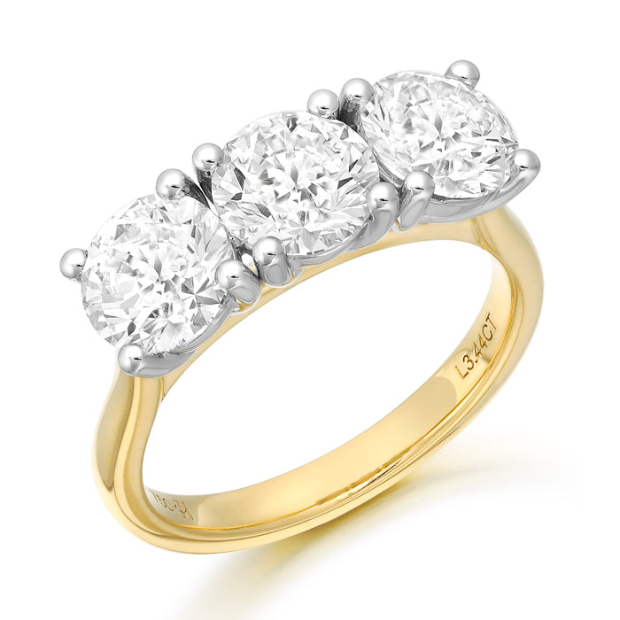 18ct Yellow Gold Three Stone 3.44ct Laboratory Grown Diamond Engagement Ring.
