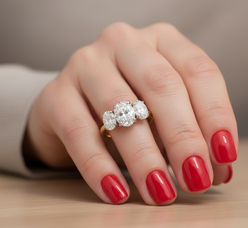 18ct Yellow Gold Three Stone 5.2ct Oval Laboratory Grown Diamond Engagement Ring