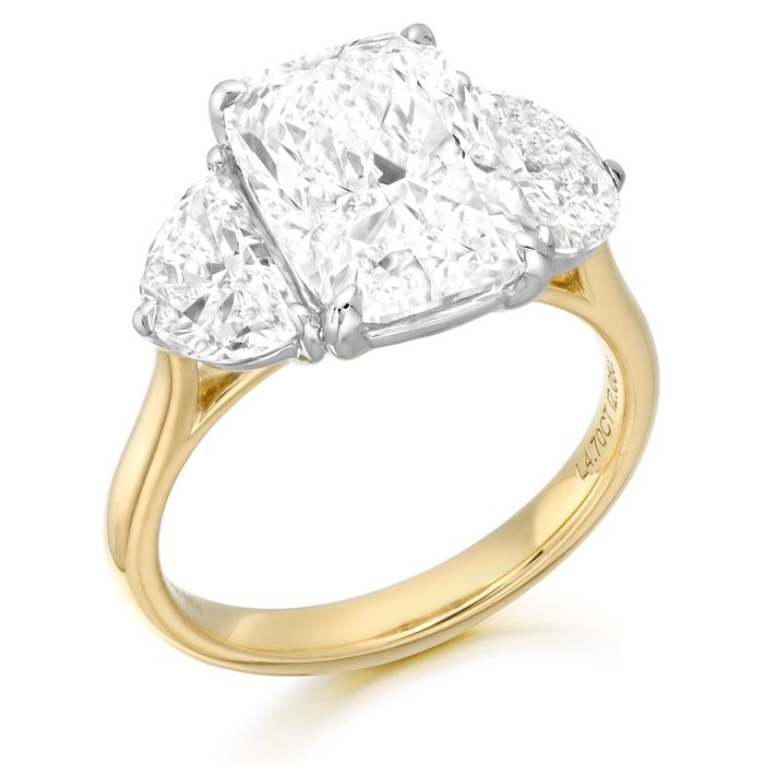 18ct Yellow Gold 3 stone with Radiant-Cut Laboratory Grown Diamond 4.70ct +2.08ct Half Moon Diamonds Certified Laboratory Grown Diamonds on each Side of this Engagement Ring.
