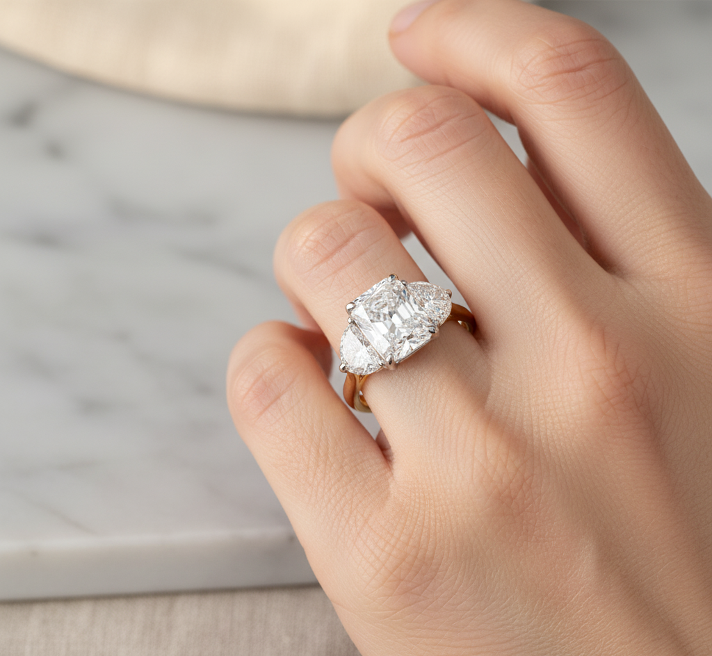 18ct Yellow Gold 3 stone with Radiant-Cut Laboratory Grown Diamond 4.70ct +2.08ct Half Moon Diamonds Certified Laboratory Grown Diamonds on each Side of this Engagement Ring.